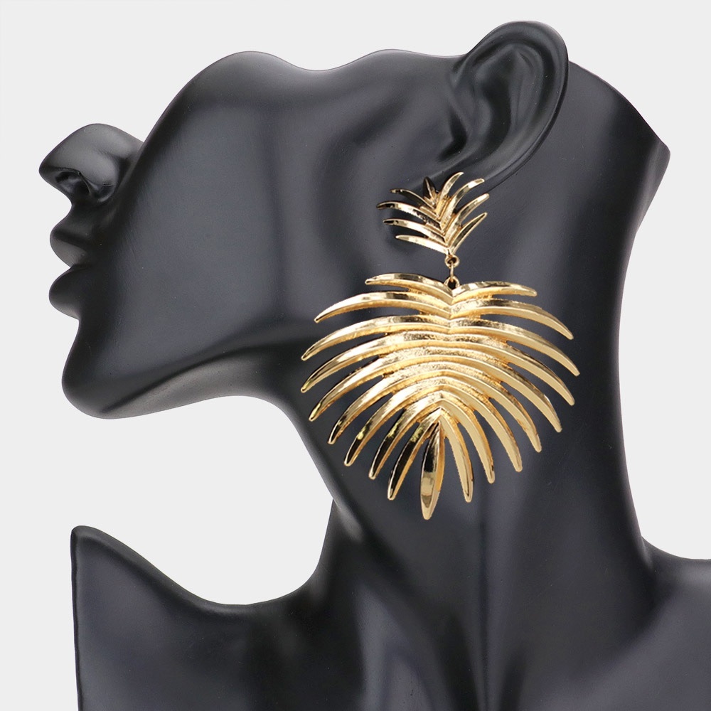 Gold tropical leaf dangle earrings